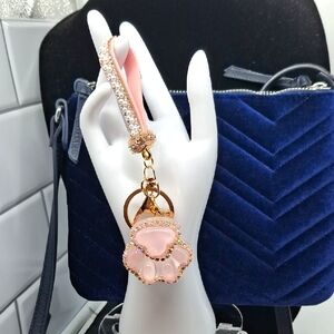 Pink and Gold Cat Kitty Paw Rhinestone Embellished Bag Charm Keychain